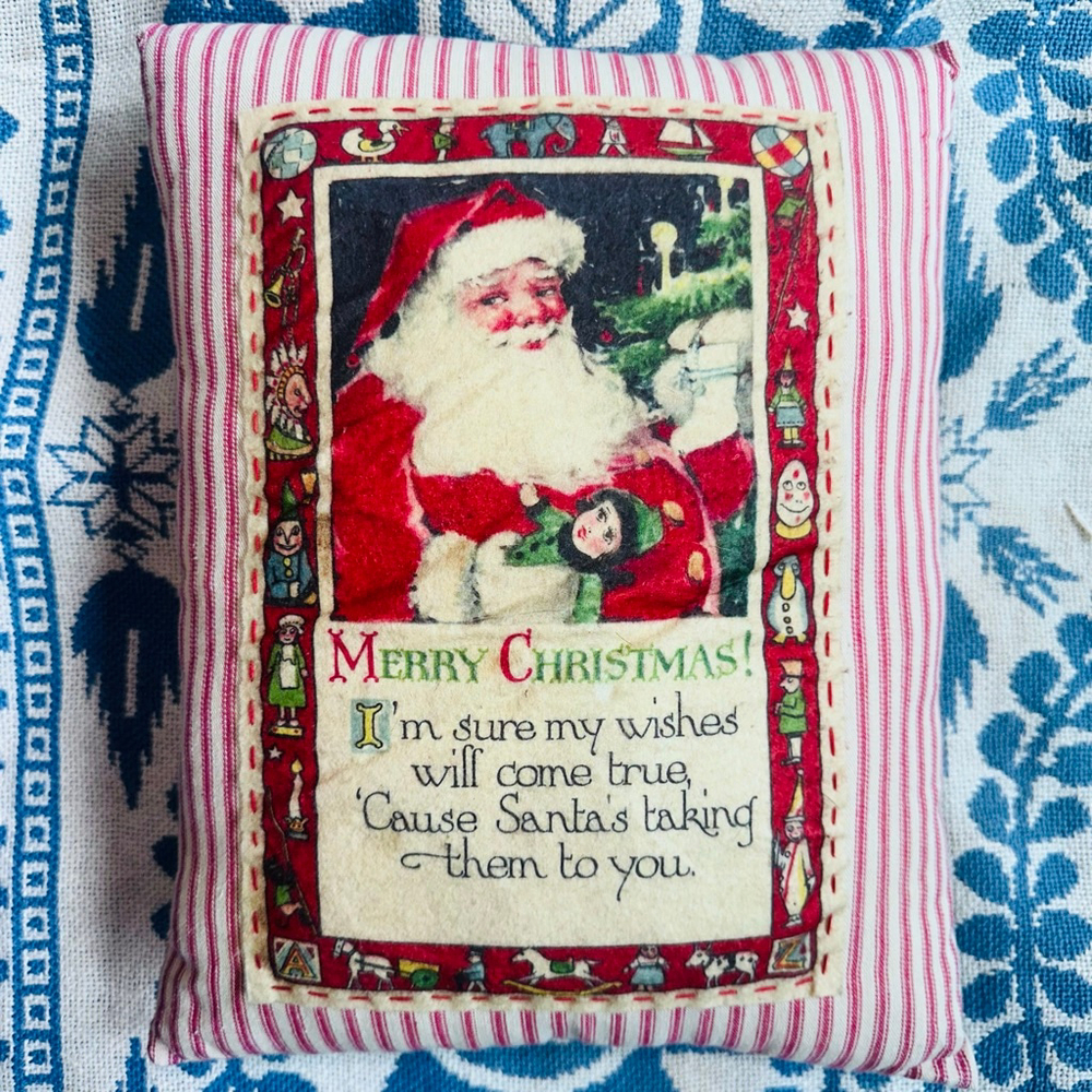 Vintage Merry Christmas Santa Muslin Cloth Felt Graphic Striped Throw Pillow
